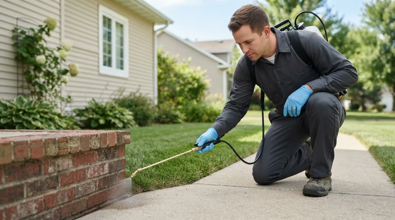 Pest control technician treating a home near Tripoli, IA