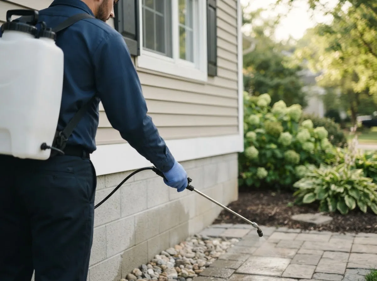 Pest control technician inspecting a home in Tripoli, IA